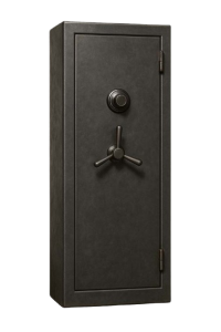 A tall, black safe with a combination dial near the top and a three-spoke handle below it, set against a plain white background.