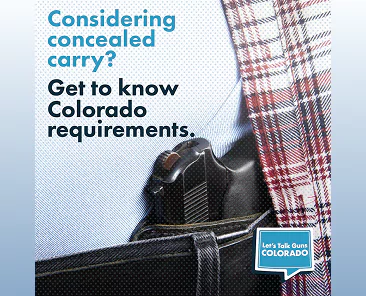 Image of a handgun holstered inside the waistband of a person wearing jeans and a plaid shirt, with text that says “Considering concealed carry? Get to know Colorado requirements.” A “Let’s Talk Guns Colorado” logo appears in the lower-right corner.
