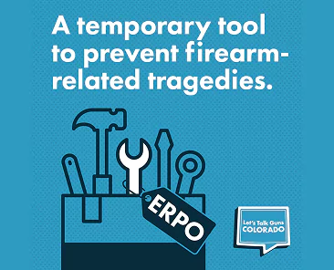 Illustration of a toolbox containing tools with a tag labeled ERPO. Text reads, A temporary tool to prevent firearm-related tragedies. A speech bubble says, Lets Talk Guns Colorado. Blue background.