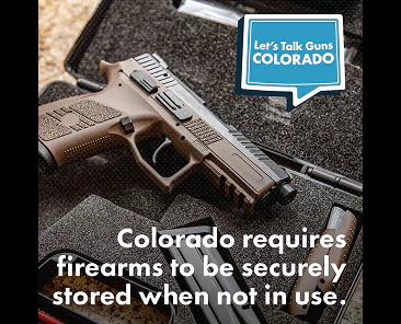 A handgun in a foam-lined case with a magazine and cleaning rod, next to a blue speech bubble graphic that says “Let’s Talk Guns Colorado.” Text below reads, Colorado requires firearms to be securely stored when not in use.