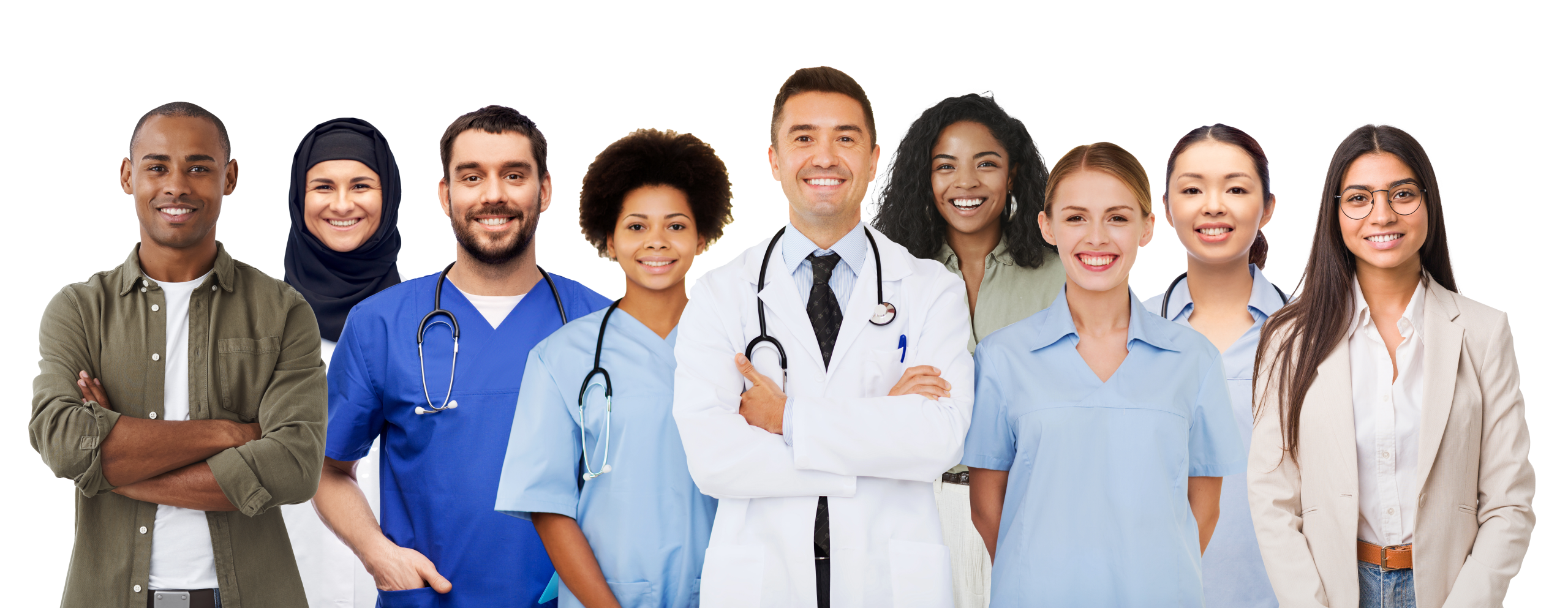 A diverse group of male and female healthcare professionals, including doctors and nurses, stand together smiling against a plain white background.