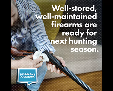 Image of a person cleaning a long firearm with a cloth while seated indoors. The text on the image says: “Well-stored, well-maintained firearms are ready for next hunting season.” A “Let’s Talk Guns Colorado” logo appears in the lower left corner.