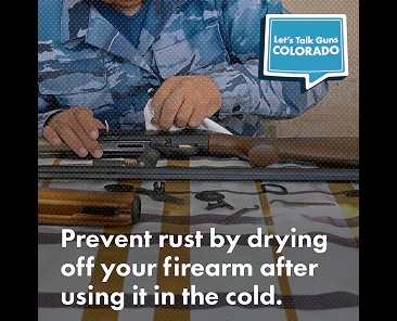 Image of a person cleaning a firearm on a table covered with tools, with text that says “Prevent rust by drying off your firearm after using it in the cold.” The Let's Talk Guns Colorado logo appears in the top-right corner.
