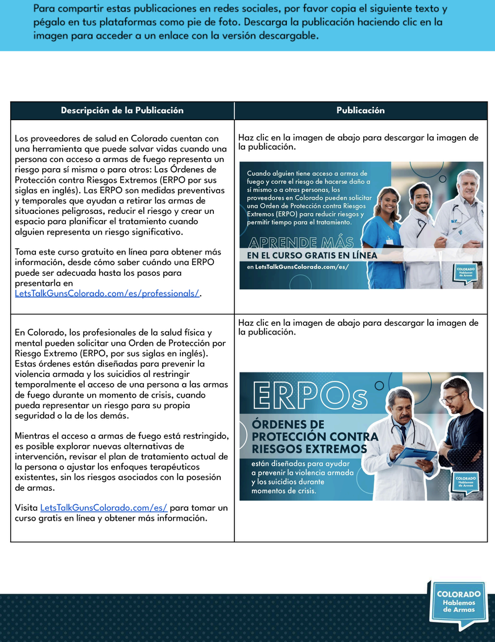 A Spanish-language flyer about ERPO (Extreme Risk Protection Orders) in Colorado, featuring detailed descriptions, social media sharing instructions, and images of people talking, plus the Colorado Department of Public Health logo.