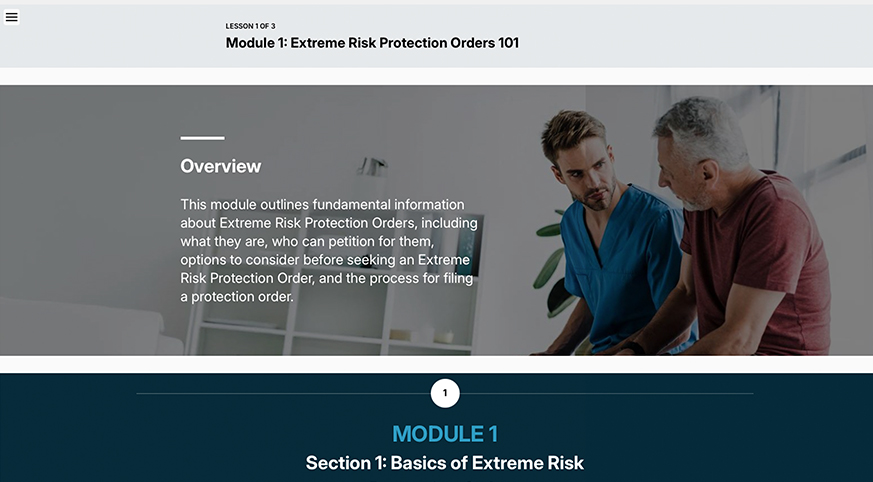 Preview image of E-Learning course page titled “Module 1: Extreme Risk Protection Orders 101,” showing an overview section beside a photo of a healthcare provider talking with an older man.
