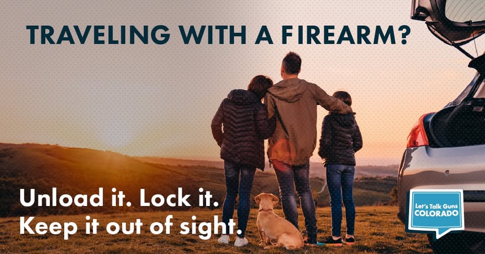 A family with a dog stands beside an open car trunk, looking out at a sunset over rolling hills. Text reads, “Traveling with a firearm? Unload it. Lock it. Keep it out of sight.”