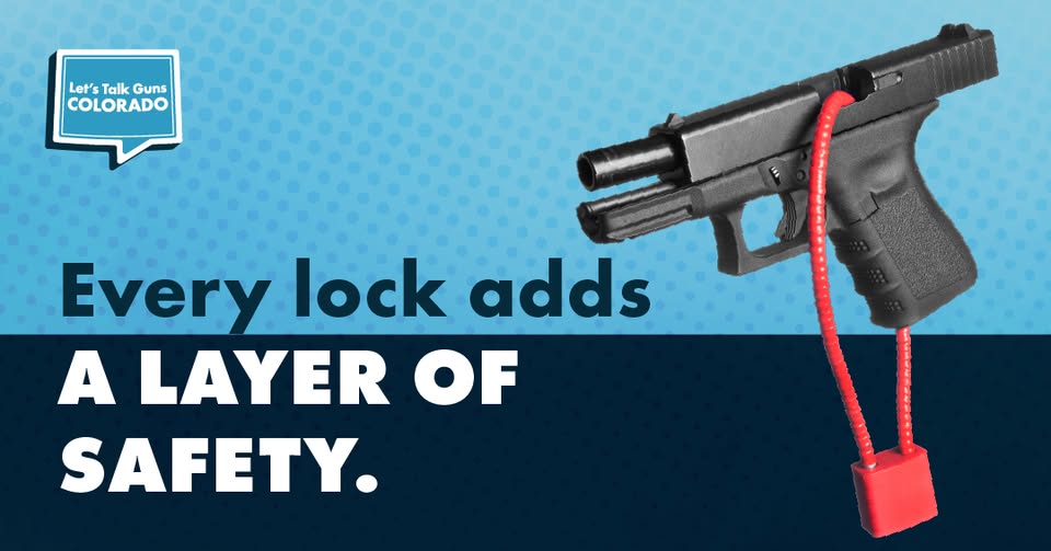 Image of a handgun secured with a red cable lock, alongside text saying, “Every lock adds a layer of safety.”