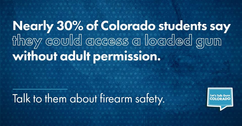 Text graphic stating: “Nearly 30% of Colorado students say they could access a loaded gun without adult permission.” Below it reads: “Talk to them about firearm safety.” A small “Let’s Talk Guns Colorado” logo appears in the bottom right corner.