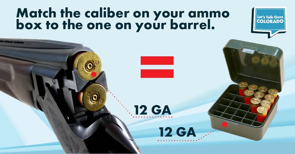 Close-up of a shotgun with 12-gauge shells next to a box of matching 12-gauge ammo, with text advising to match ammo to the barrel.