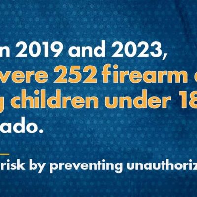Text graphic stating that 252 children under 18 in Colorado died from firearms between 2019 and 2023, urging prevention of unauthorized access.