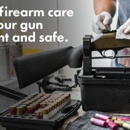 A person wearing gloves cleans a rifle with a cloth. Boxes of ammunition, gun cleaning supplies, and a gun case are on the table. Text reads: Routine firearm care keeps your gun consistent and safe.