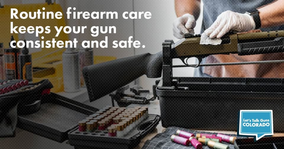 A person wearing gloves cleans a rifle with a cloth. Boxes of ammunition, gun cleaning supplies, and a gun case are on the table. Text reads: Routine firearm care keeps your gun consistent and safe.