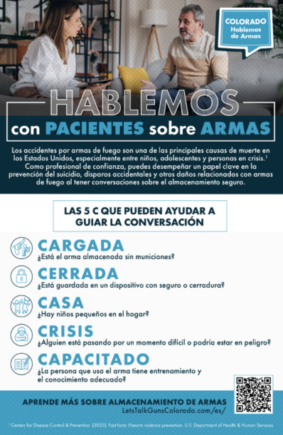 A Spanish-language firearm safety poster titled “Hablemos con PACIENTES sobre ARMAS,” listing 5 key tips for firearm storage: cargada, cerrada, casa, crisis, capacitado. A doctor speaks with an older man in the background.