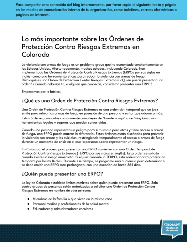 A Spanish-language informational flyer from Colorado about Extreme Risk Protection Orders. It includes sections explaining what these orders are and who can request them, with the Colorado Attorney General’s logo at the bottom right.
