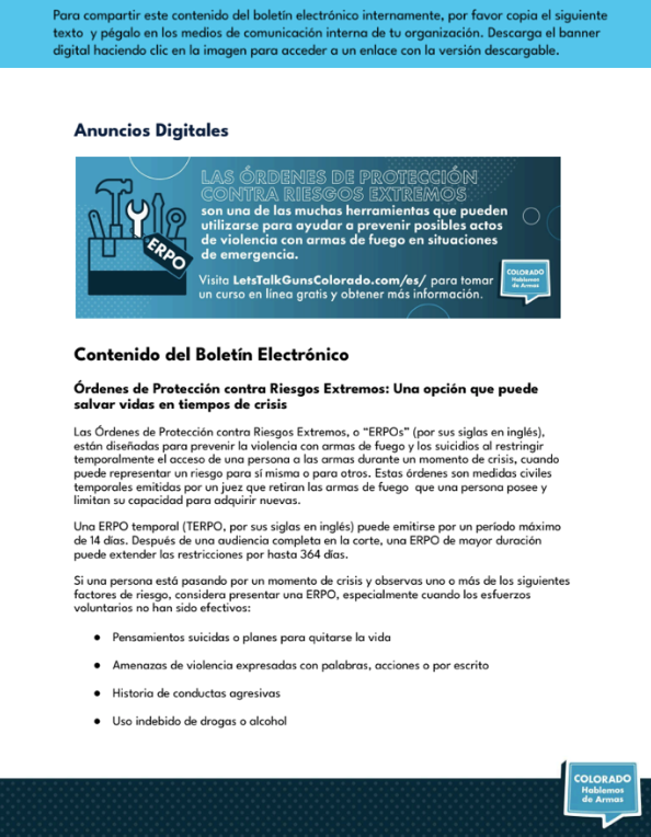 A Spanish-language bulletin with sections titled Anuncios Digitales and Contenido del Boletín Electrónico. It discusses protective orders against extreme risks and includes a blue graphic about crisis intervention resources in Colorado.