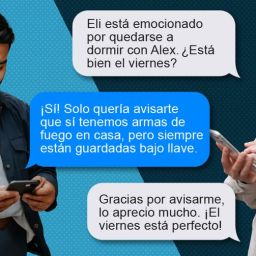 Un hombre y una mujer intercambian mensajes de texto sobre una pijamada. Ella le informa que tienen armas en casa pero que están guardadas bajo llave. Texto en el rincón: Colorado Hablemos de Armas.