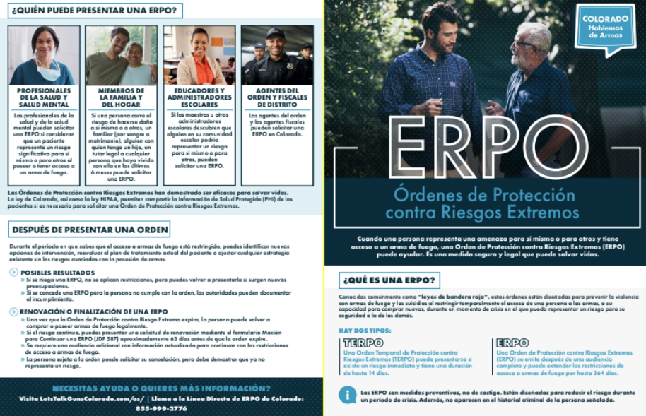 A Spanish-language informational flyer about ERPO, or órdenes de protección contra riesgos extremos, in Colorado. It explains who can request an ERPO, what happens after, and provides contact information and a website for more details.