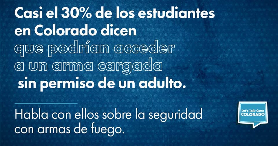 Spanish-language infographic stating that nearly 30% of Colorado students say they could access a loaded gun without adult permission, with a call to talk to youth about gun safety. Blue background with dotted pattern.