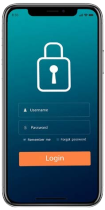 A smartphone screen displays a login page with fields for username and password, a Remember me checkbox, a Forgot password link, and a large orange Login button below a padlock icon.