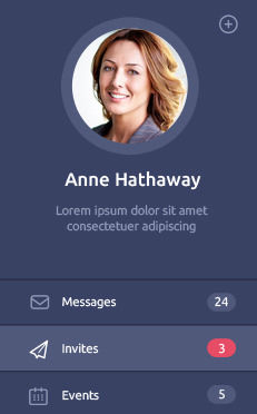 Profile UI with a circular photo of a smiling woman at the top, name “Anne Hathaway,” placeholder text below, and navigation icons labeled Messages (24), Invites (3, highlighted), and Events (5) on a dark background.