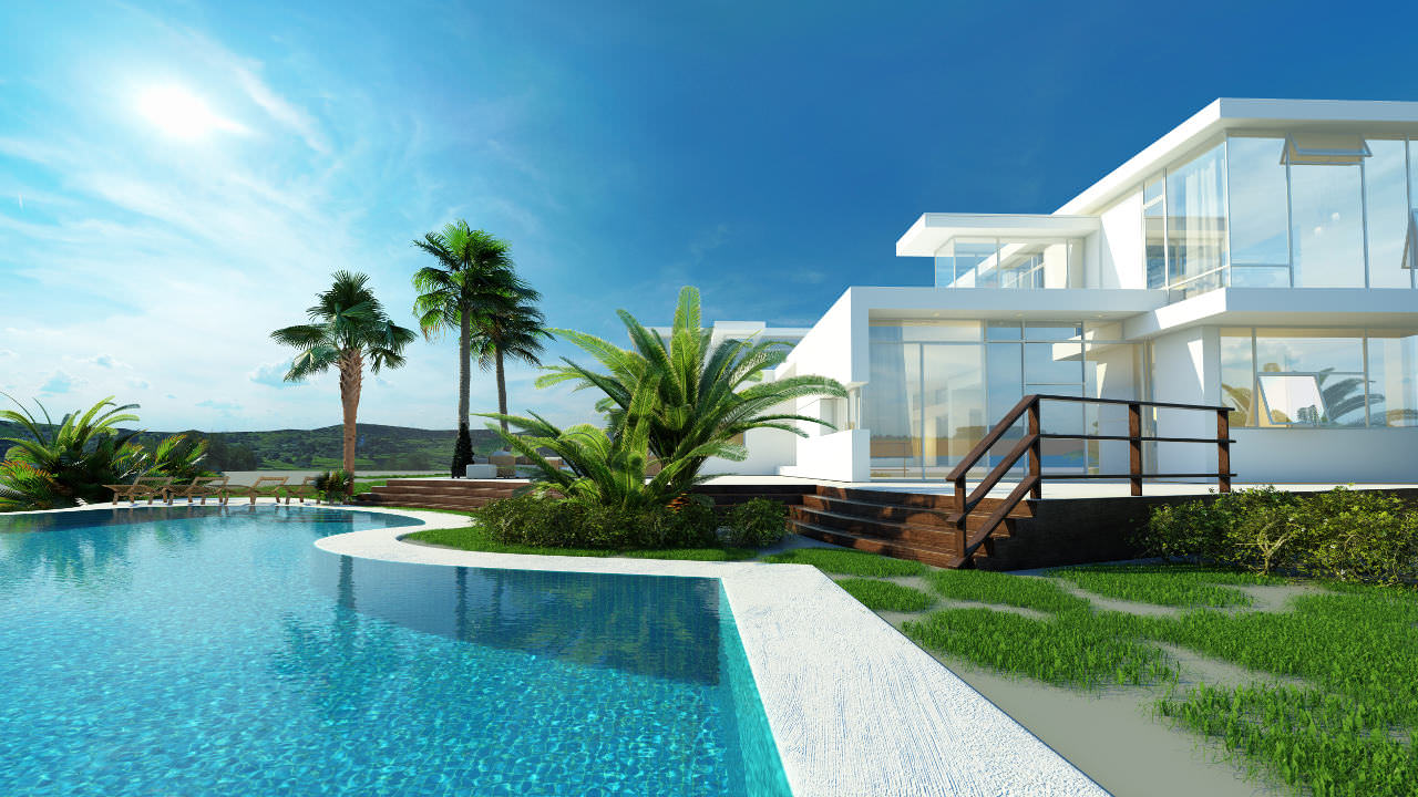 A modern white villa with large glass windows sits beside a curved swimming pool, surrounded by lush green plants and palm trees under a bright blue sky. The scene is sunny and tranquil.