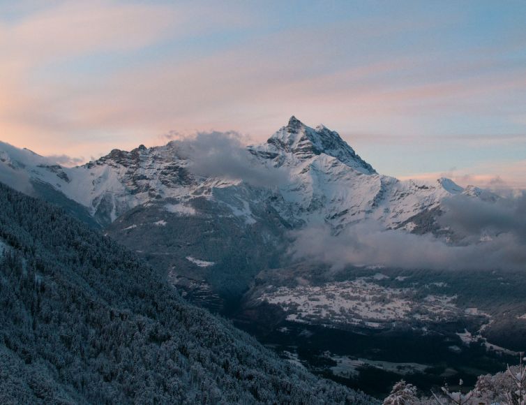 Snow-capped mountain peaks rise under a pastel sky at sunrise or sunset, with clouds drifting across the slopes and a forested valley covered in snow in the foreground.