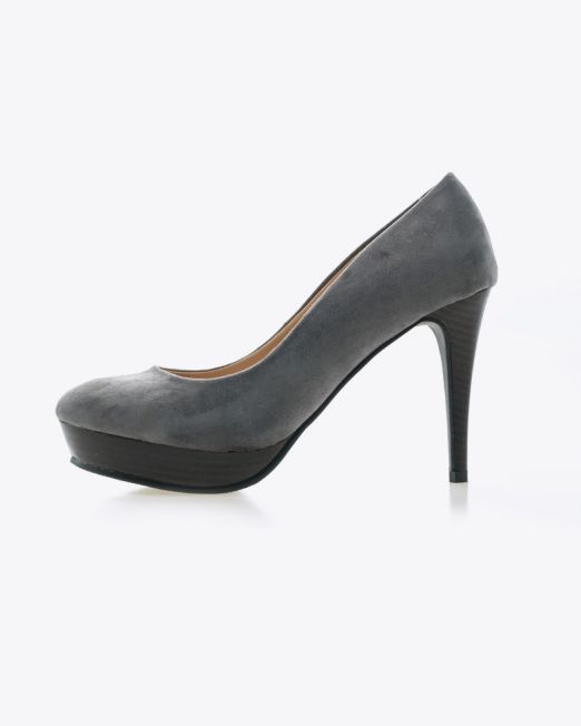 A single gray high-heeled shoe with a platform sole and a stiletto heel, displayed on a white background.