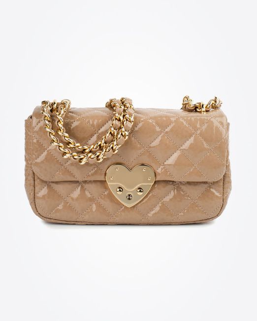 Beige quilted handbag with gold chain straps and a gold heart-shaped clasp on the front, set against a plain white background.
