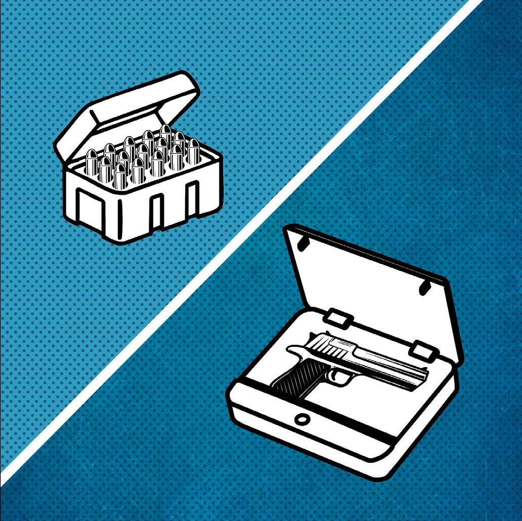A graphic shows a box of bullets on the upper left and a handgun in a case on the lower right, separated by a diagonal white line on a blue dotted background.