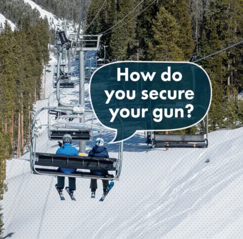 Two people ride a ski lift above a snowy, tree-lined mountain slope. A large speech bubble on the image reads, How do you secure your gun?.