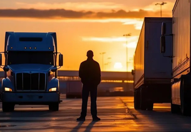 A person stands between two large trucks on a lot at sunset, their silhouette outlined against the orange and yellow sky.