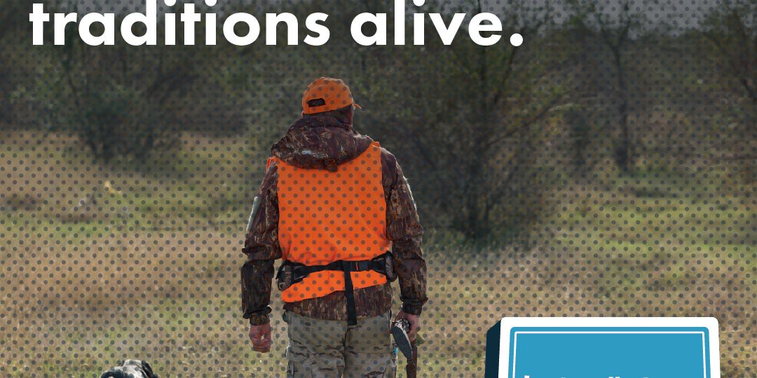 A hunter in orange vest and camouflage walks with a dog through a grassy field. Text reads, Gun safety helps keep Colorado hunting traditions alive. A blue speech bubble says, Lets Talk Guns Colorado.