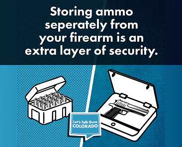 Image of a graphic showing an ammo box and a handgun safe with text that says: “Storing ammo separately from your firearm is an extra layer of security.”