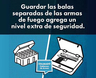 Ilustración que muestra balas en una caja cerrada y una pistola en una caja separada. El texto en español dice que guardar las balas separadas de las armas de fuego añade un nivel extra de seguridad.