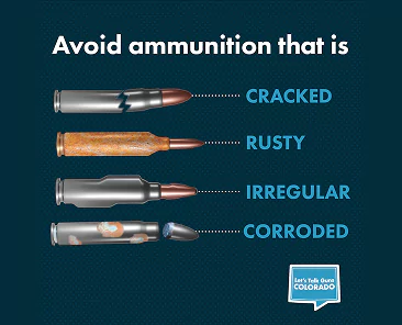 Image of four damaged bullets labeled to show what to avoid. The first bullet is cracked, the second is rusty, the third is irregularly shaped, and the fourth is corroded. Text reads: “Avoid ammunition that is cracked, rusty, irregular, or corroded.”