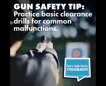 Image of a person practicing shooting at an outdoor range, aiming a handgun toward a target. Text on the image says: “GUN SAFETY TIP: Practice basic clearance drills for common malfunctions.”
