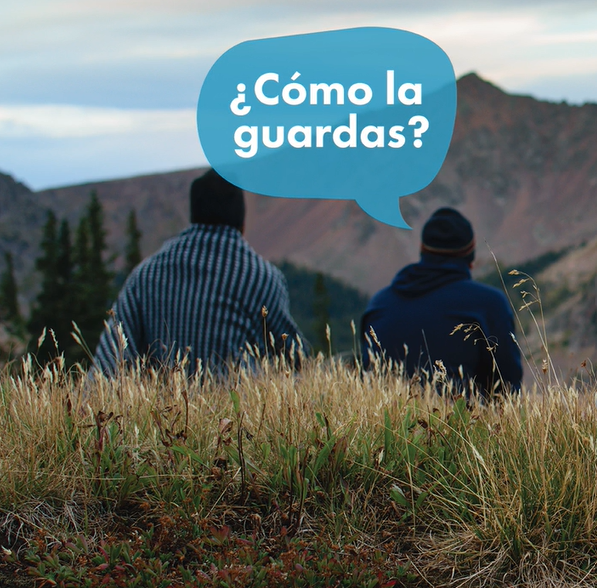 Two people sit on grassy terrain facing distant mountains under a cloudy sky. A speech bubble above them reads ¿Cómo la guardas? in Spanish.