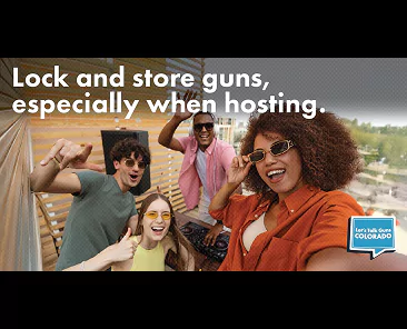 Image of four young adults smiling and posing for a selfie at an outdoor gathering. Text reads: "Lock and store guns, especially when hosting."