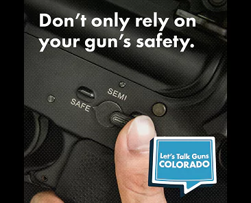 A close-up of a person’s hand switching a firearm’s safety to SAFE, with the text Don’t only rely on your gun’s safety and a Let’s Talk Guns Colorado logo in the corner.