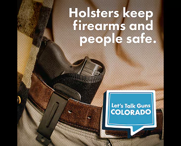 Image of a person wearing a plaid shirt and belt, carrying a handgun in a holster clipped to the waistband. The text on the image says: “Holsters keep firearms and people safe.”