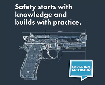 Blueprint-style drawing of a handgun with the text Safety starts with knowledge and builds with practice. A blue speech bubble at the bottom right says Lets Talk Guns Colorado.