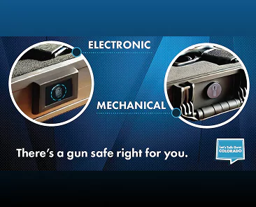 Image of two circular close-ups of gun safes, one electronic and one mechanical. Text on the image says “Electronic,” “Mechanical,” and “There’s a gun safe right for you.”