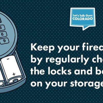 Illustration of a keypad lock with two batteries beneath it, next to text advising gun owners to regularly check the locks and batteries on their firearm storage.