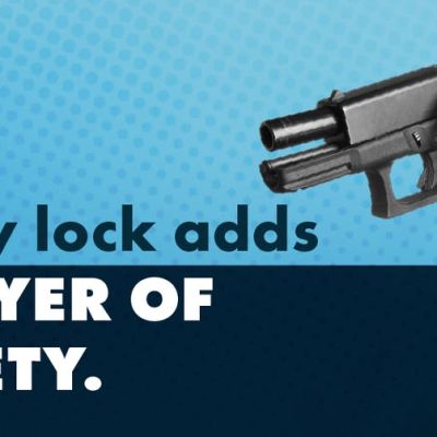 Image of a handgun secured with a red cable lock, alongside text saying, “Every lock adds a layer of safety.”