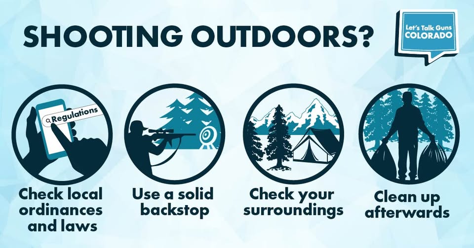 Graphic with four circular icons offering outdoor shooting safety tips: check local laws, use a solid backstop, be aware of surroundings, and clean up afterward. A “Let’s Talk Guns Colorado” logo appears in the top right.