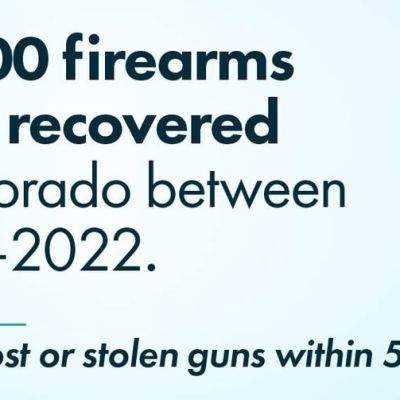Text graphic stating that 32,600 firearms were recovered in Colorado between 2018 and 2022, with a reminder to report lost or stolen guns within 5 days.