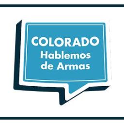 A blue speech bubble with white text reads Colorado Hablemos de Armas, meaning Colorado Lets Talk About Guns in Spanish. The bubble is outlined in dark blue and has a white border.
