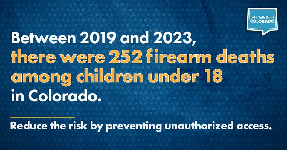 Text graphic stating that 252 children under 18 in Colorado died from firearms between 2019 and 2023, urging prevention of unauthorized access.