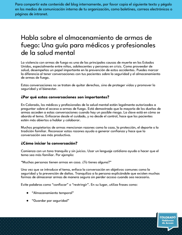 A Spanish-language flyer discusses firearm storage for healthcare and mental health professionals. The page includes text, a blue header, and a blue and white footer with the Colorado Office of Gun Violence Prevention logo.