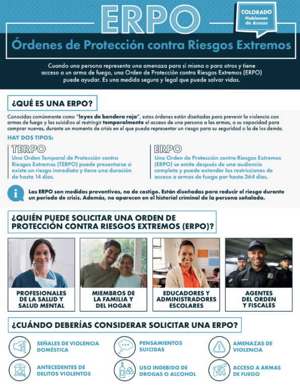 An informational flyer in Spanish about ERPO (Órdenes de Protección contra Riesgos Extremos) in Colorado, explaining what ERPOs are, who can request them, and when to consider doing so, with icons and photos.